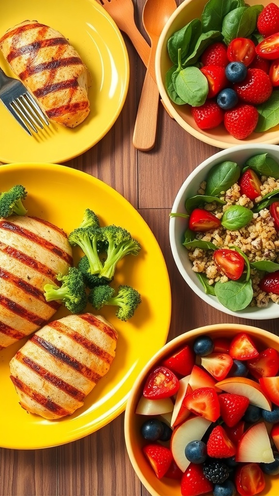 A colorful array of healthy dishes featuring grilled chicken, quinoa salad, and a fruit bowl on a dining table.